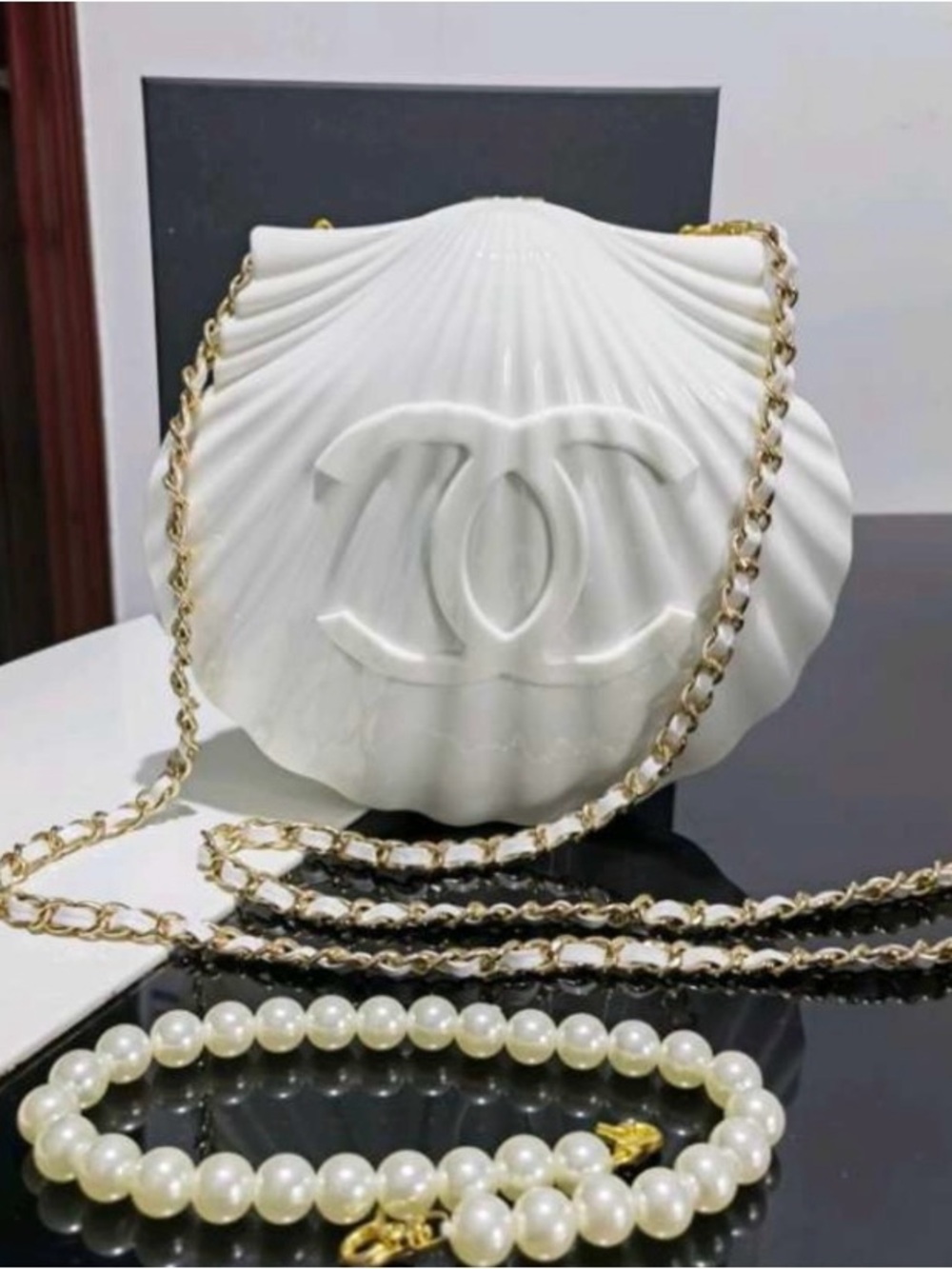 Limited Edition VIP ChaneI White Shell Minaudière Clutch with Pearl & Gold Chain